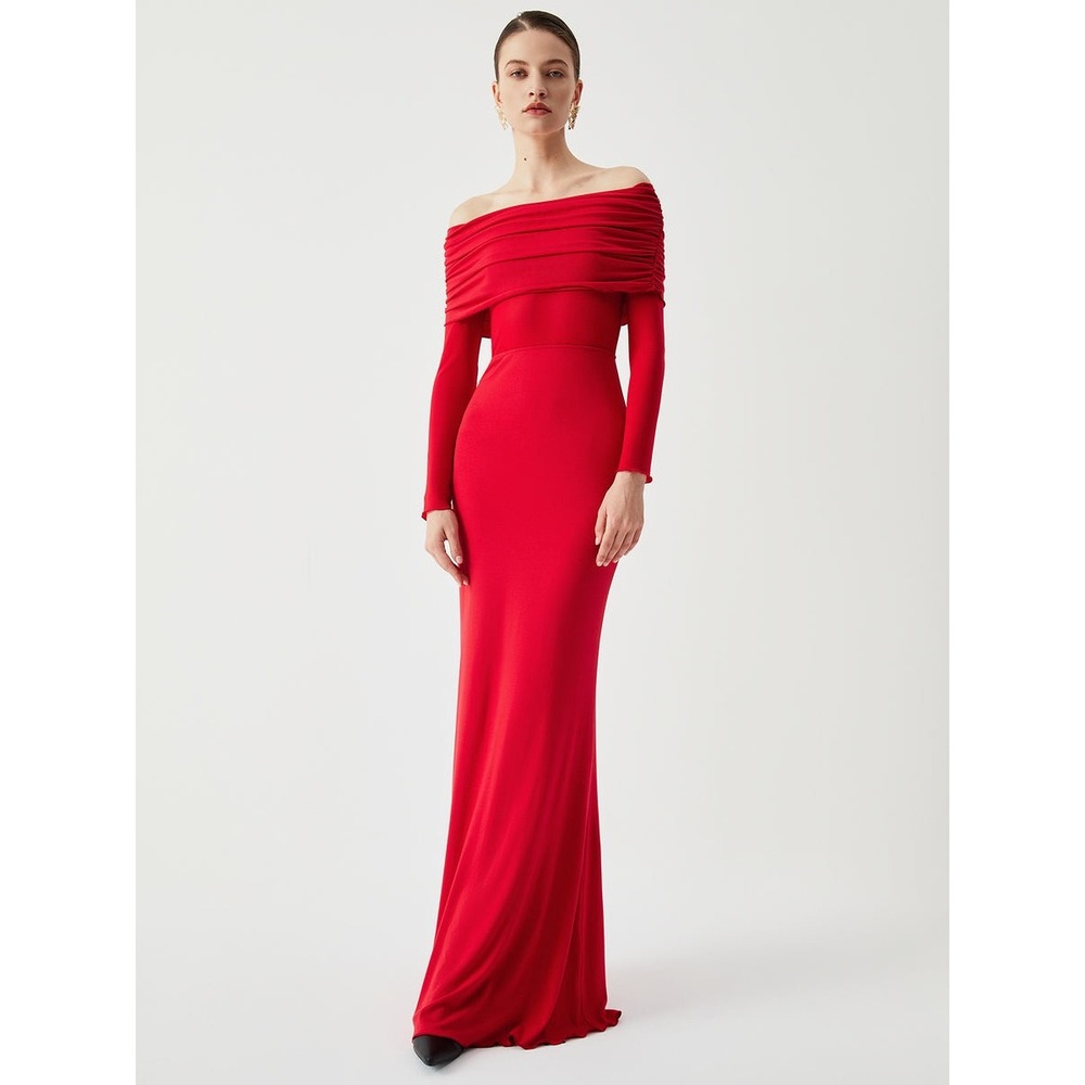 COMMENSE Red Off Shoulder Ruched Draped Long Sleeve Maxi Dress Size M
